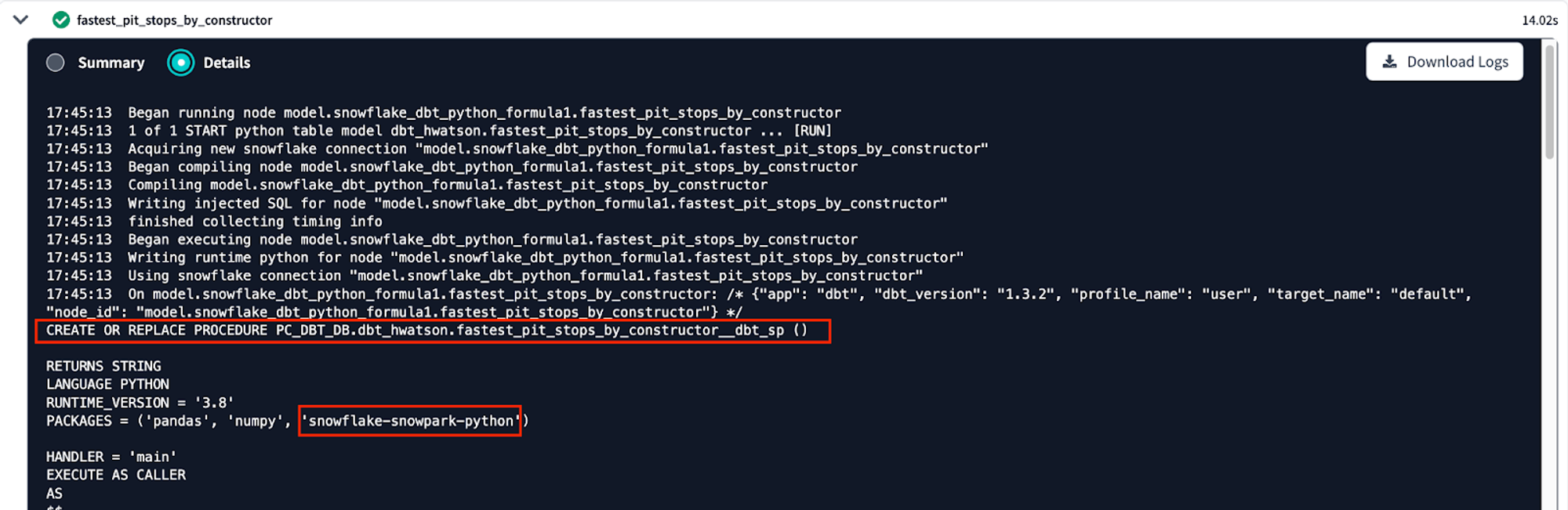 We can see our python model is run a stored procedure in our personal development schema